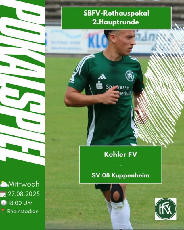 Es geht weiter !

Nach dem wir am Samstag den OFV mit 3:1 geschlagen haben steht nun die nächste Herausforderung an der Tür.

Die 2.Hauptrunde des Rothauspokals 🏆

Wir empfangen den Verbandsligisten Kuppenheim bei uns im Rheinstadion ,am Mittwoch den 27.08.25 um 18:00 Uhr.

Wir freuen uns auf eure Unterstützung 💪🏻
#nurderkfv 💚🤍