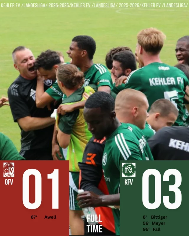 💚🤍DERBYSIEGER DERBYSIEGER 💚🤍

Der KFV gewinnt das Traditionsderby mit 3:1 gegen den @ofv_1907 und konnte damit die verlorenen Punkte von letzter Woche wieder gutmachen und mit nach Hause nehmen!!!

Gora und Yannik treffen beide zum ersten Mal für den Kehler FV !!! 

Wir hoffen auf viele weitere Tore ⚽️

Nächste Woche empfängt der Kehler FV erneut den @svoberkirch den wir zuletzt mit 3:0 aus dem Verbandspokal geworfen haben.

Wir freuen uns auf euere Unterstützung.

Nur der KFV💚🤍